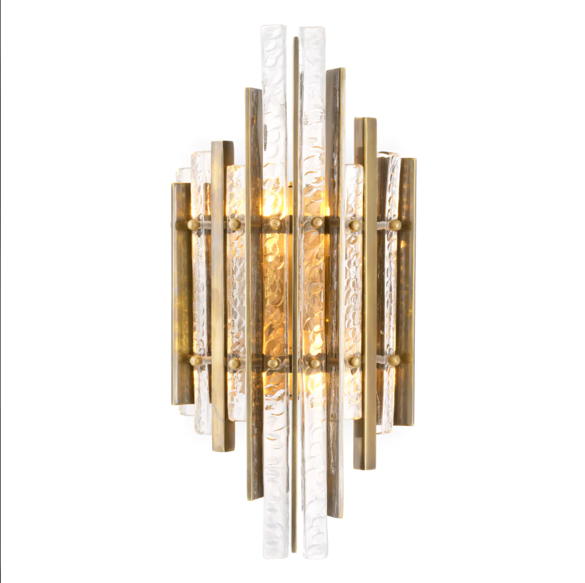 Decorative wall light fixture with glass panels on a white background
