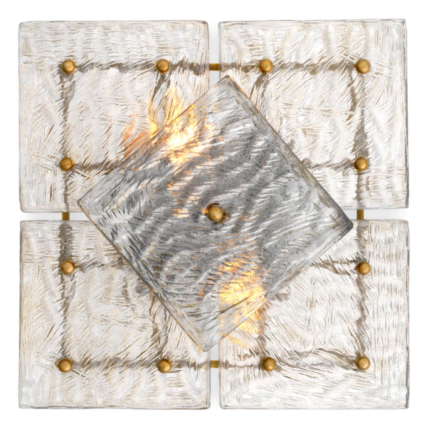 Decorative wall sconce with textured glass panels and gold accents on a white background
