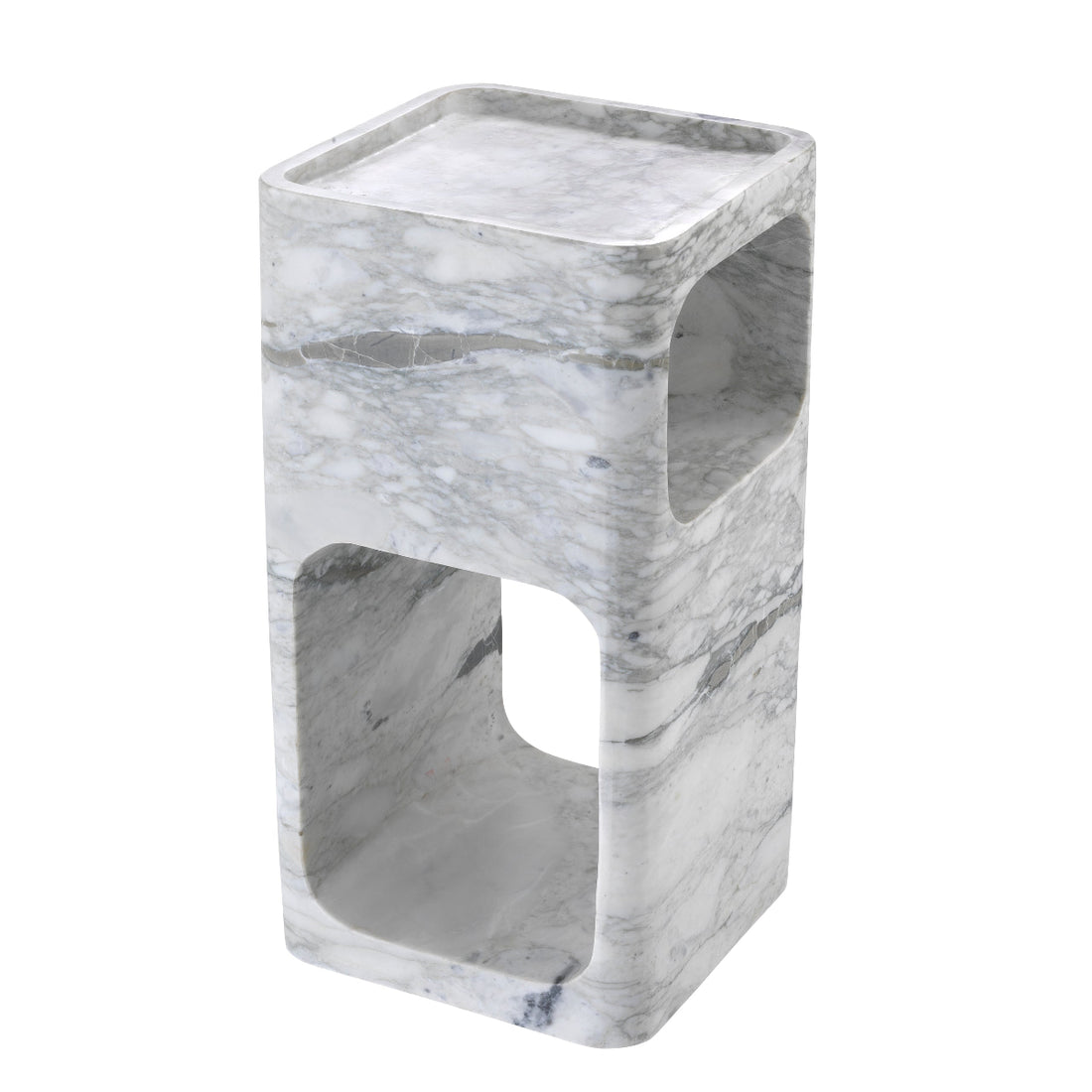 Marble-patterned side table on a white background