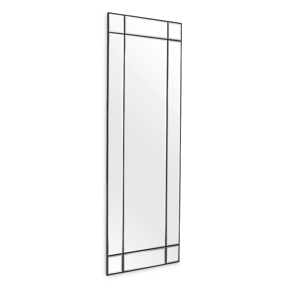 Tall, thin mirror with black frame on a white background