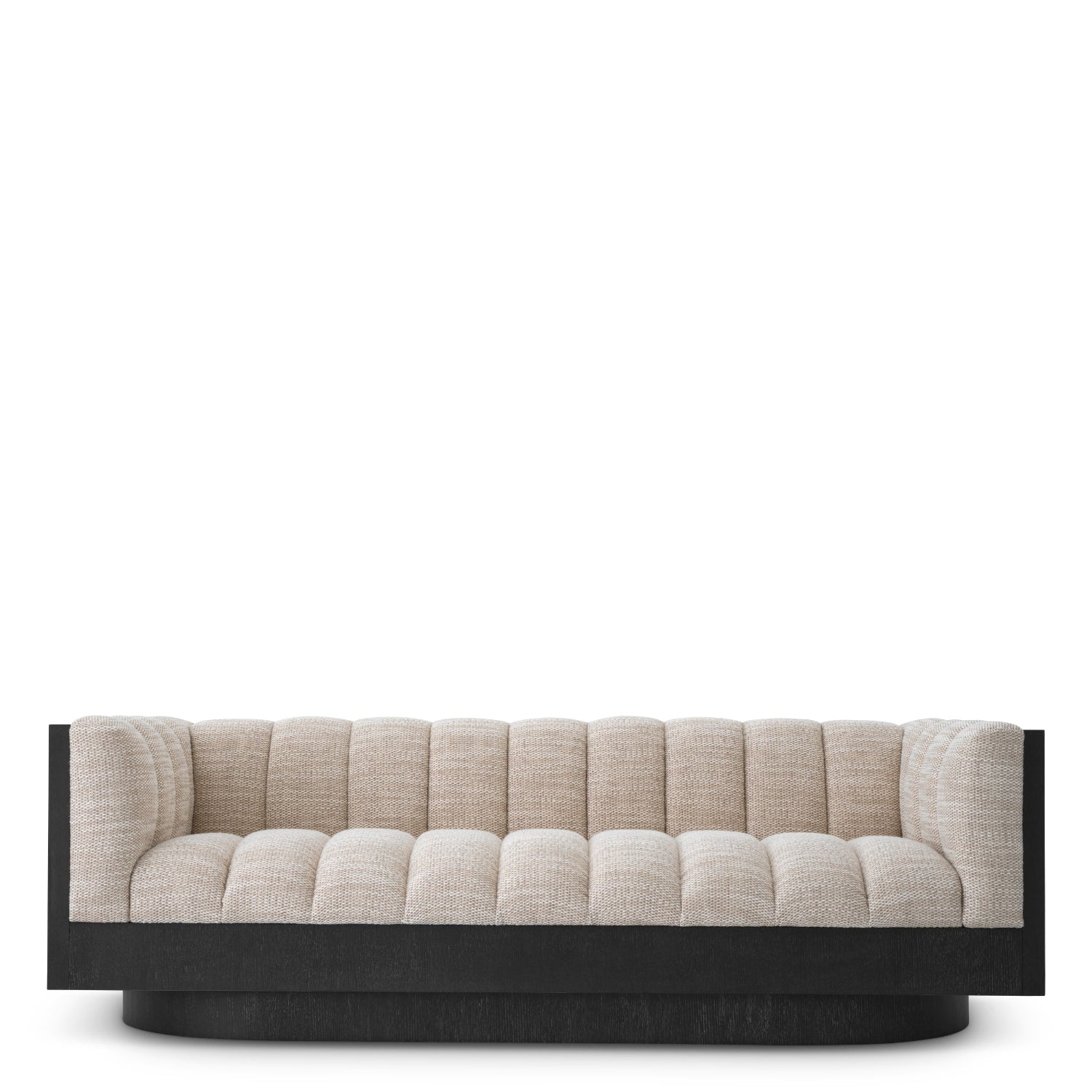 Beige tufted sofa with black base on a white background