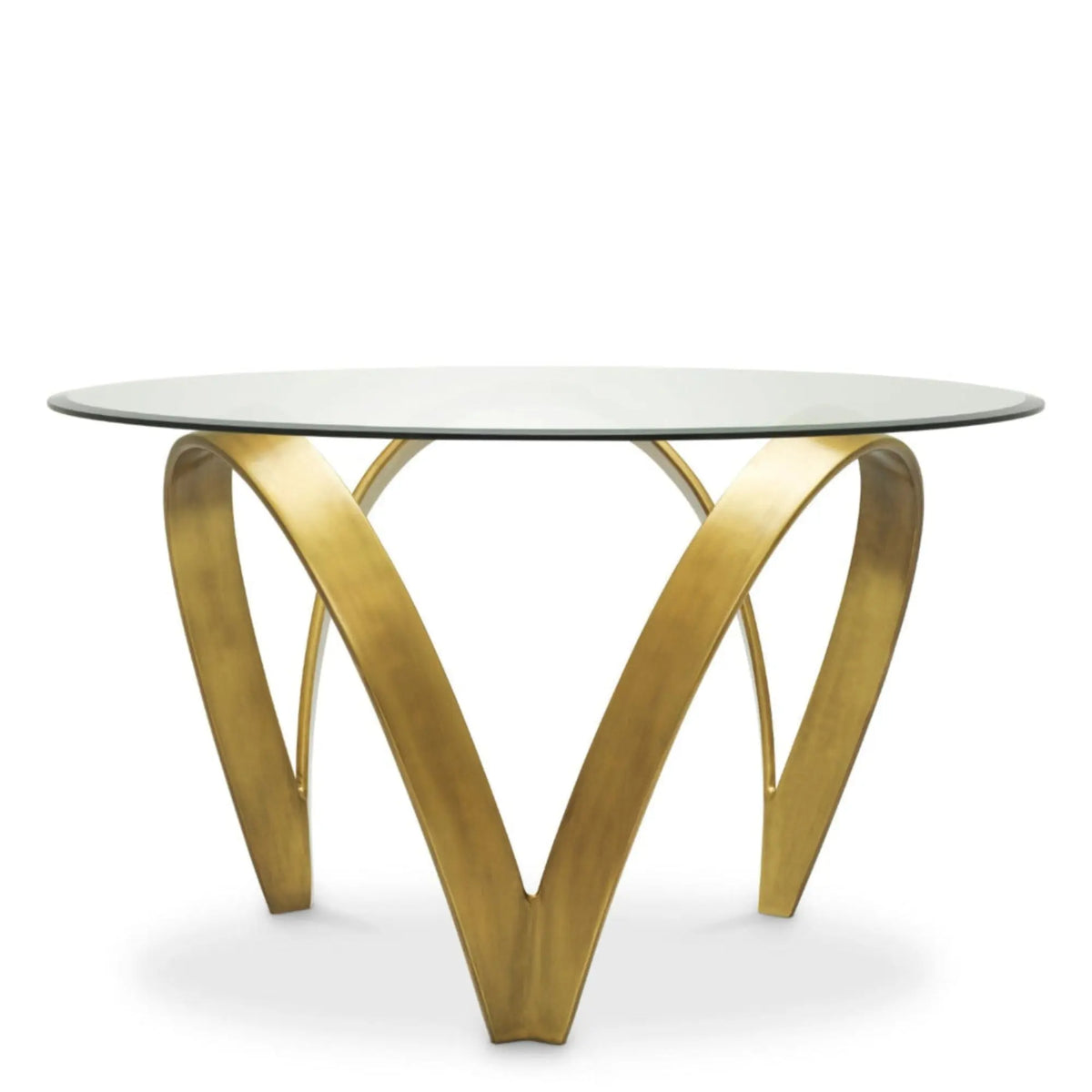 Modern round glass table with gold metal legs on a white background
