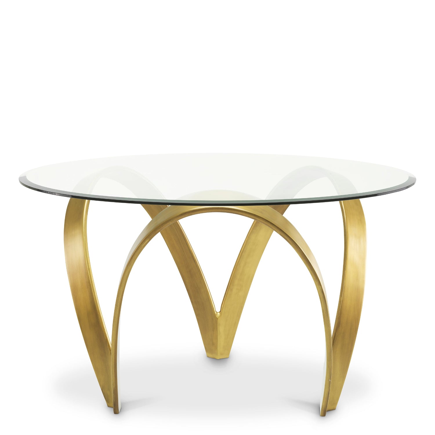 Glass table with gold metal legs on a white background