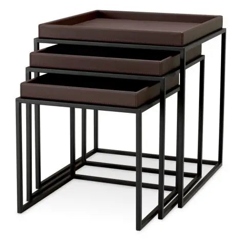 Side Table LΓ©onard faux leather dark brown black finish set of 3