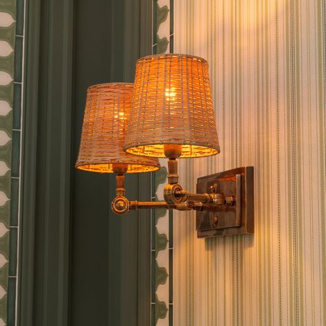 Wall Lamp Wentworth Double vintage brass finish incl rattan shades