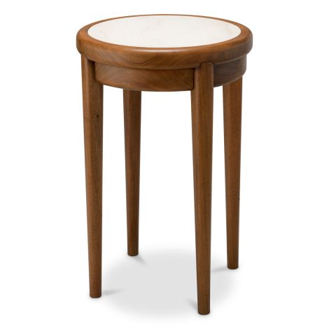 Side table Hensley round mahogany wood caramel finish beige marble
