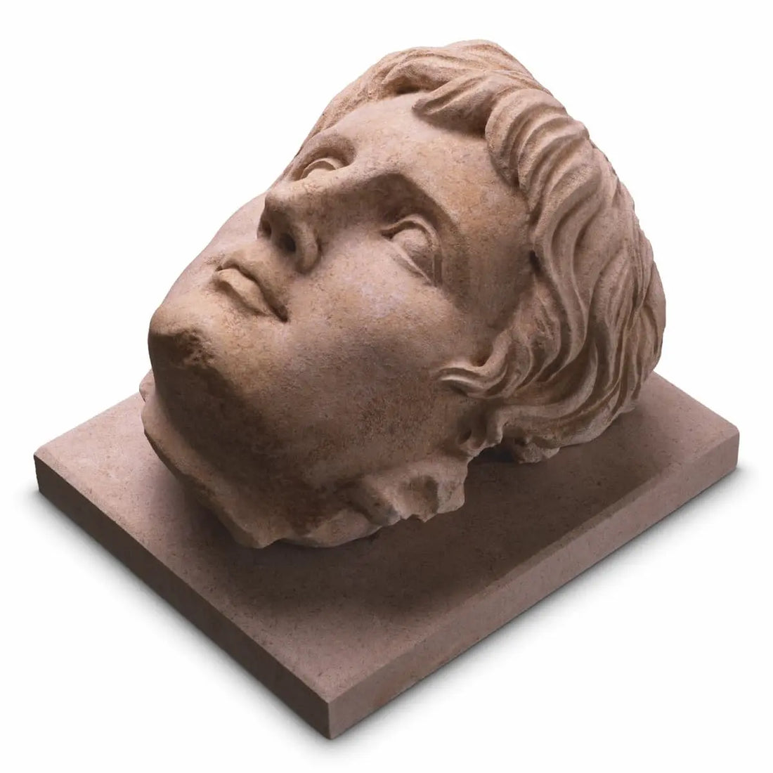 Stone sculpture of a classical head on a white background