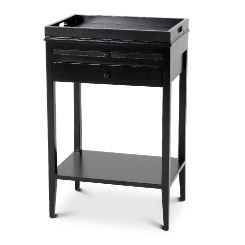 A black finished side table with a tabletop with tray and extension leaf, and a lower shelf.