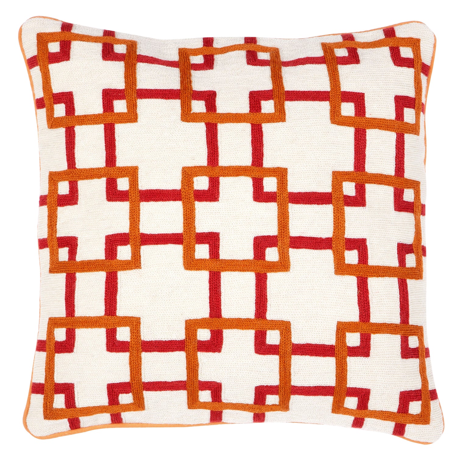 A square-shaped throw pillow with a geometric pattern, featuring hand embroidery in red and orange colors on a white background with a piping edge.