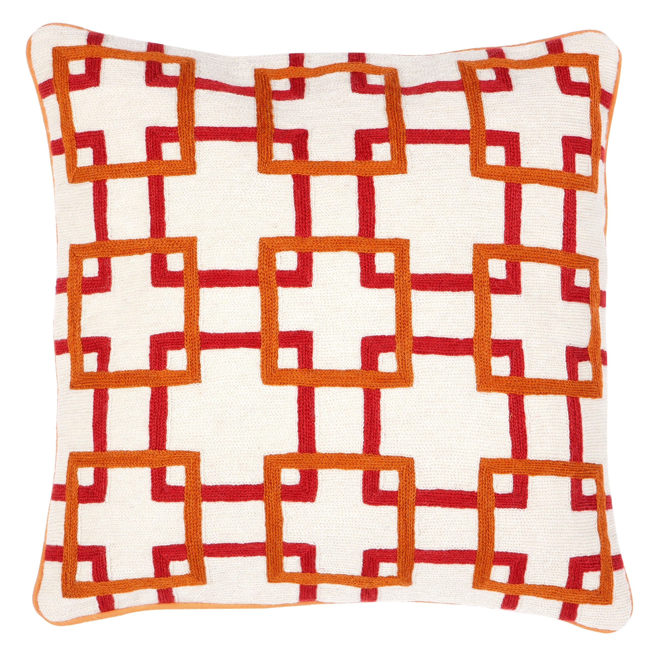 A square-shaped throw pillow with a geometric pattern, featuring hand embroidery in red and orange colors on a white background with a piping edge.