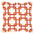 A square-shaped throw pillow with a geometric pattern, featuring hand embroidery in red and orange colors on a white background with a piping edge.