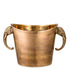 A bronze metal ice bucket with elephant head handles and a vintage brass finish.