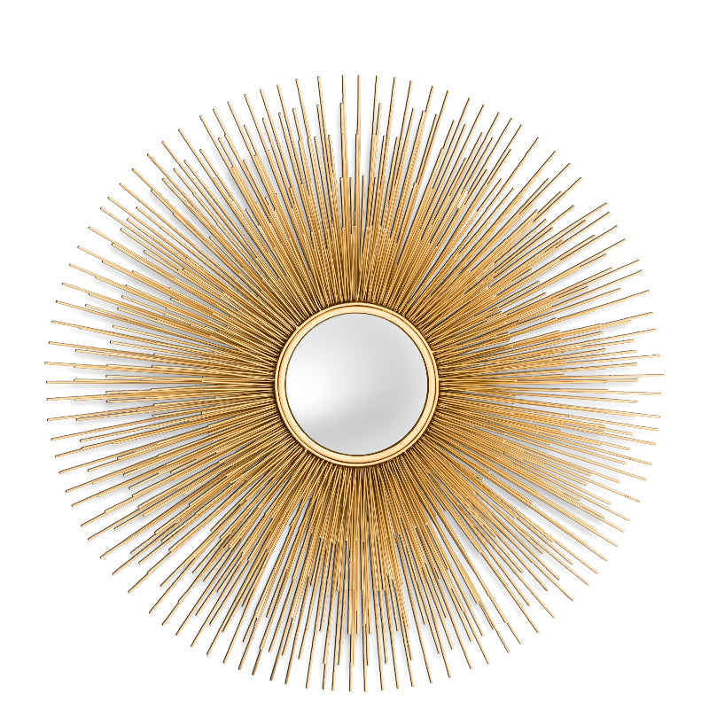 A gold finish convex mirror with a sunburst silhouette frame.