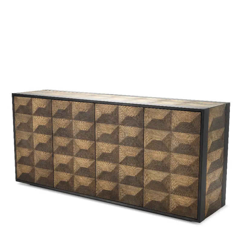 A brown oak veneer Gregorio Cabinet with geometric pattern on the front and black frame.
