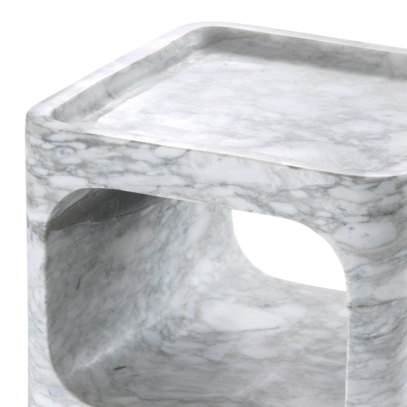 Marble-patterned side table with a white background