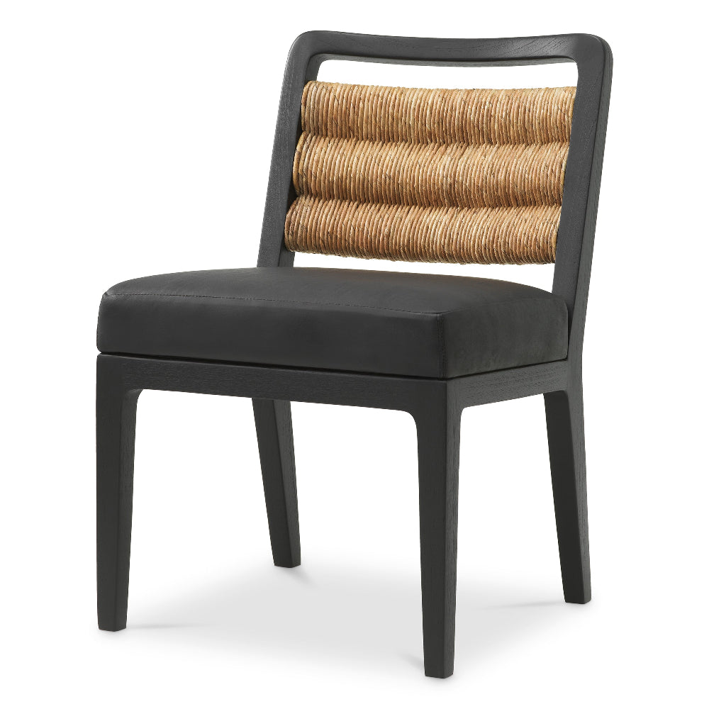 Chair with black seat and backrest and woven backrest on a white background