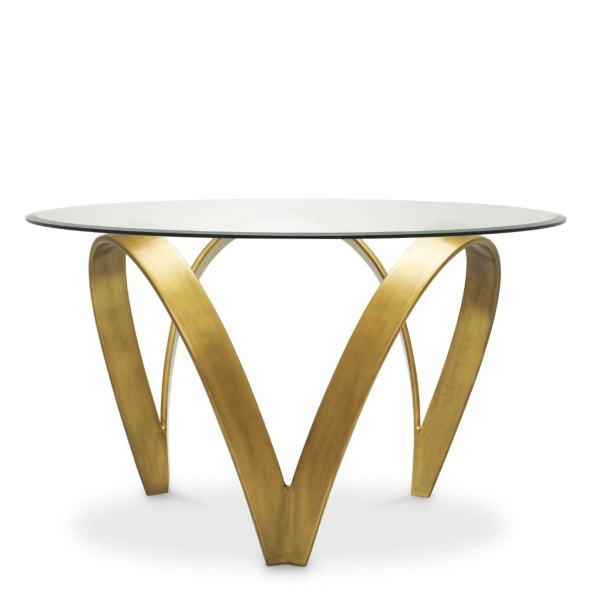 Modern round glass table with gold metal legs on a white background