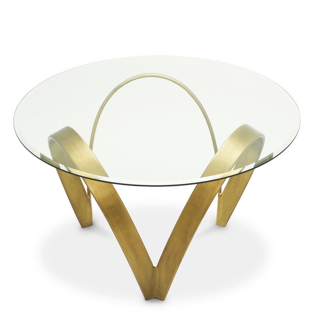 Glass coffee table with gold metal legs on a white background