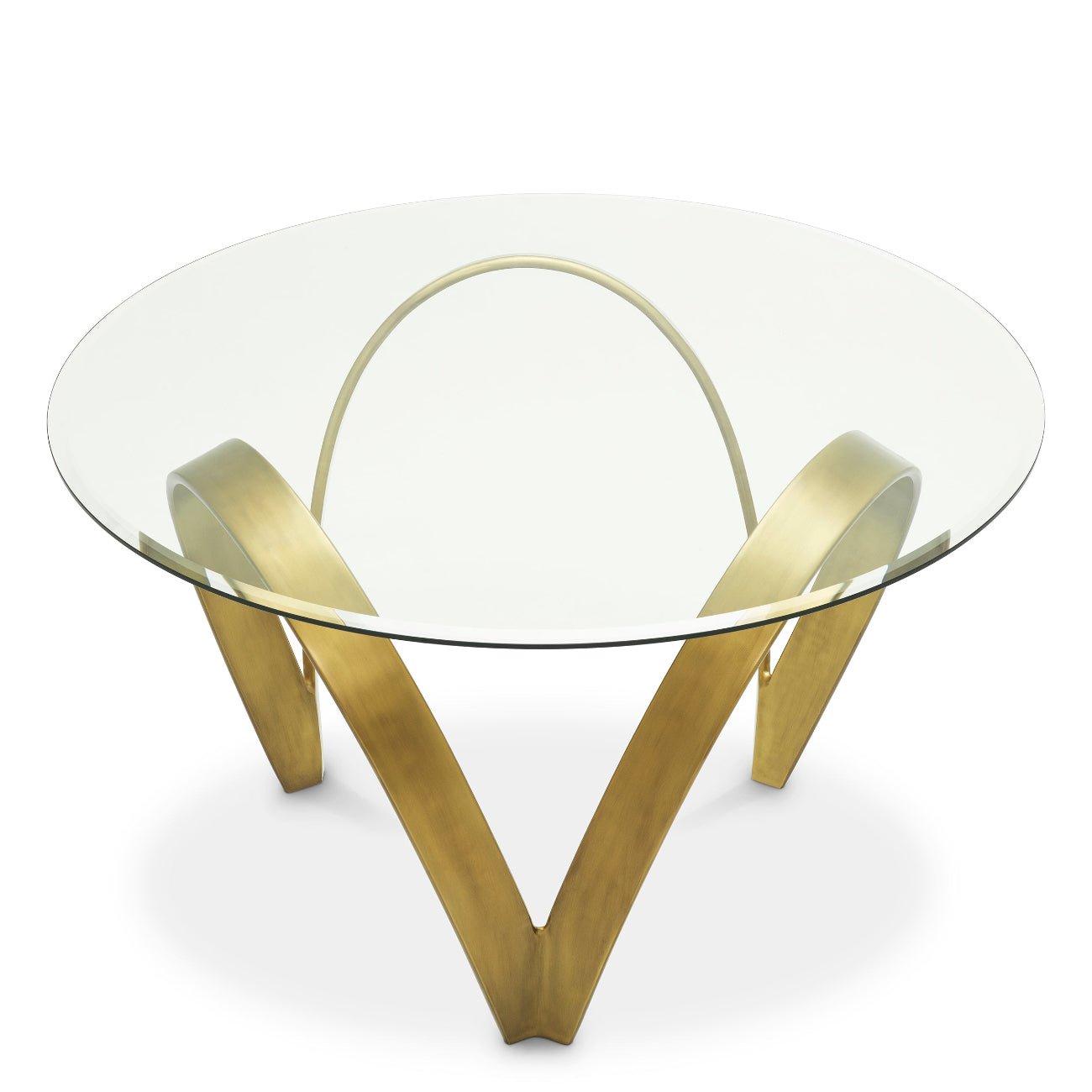 Glass coffee table with gold metal legs on a white background