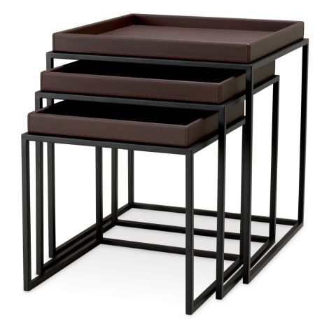 Side Table Léonard faux leather dark brown black finish set of 3