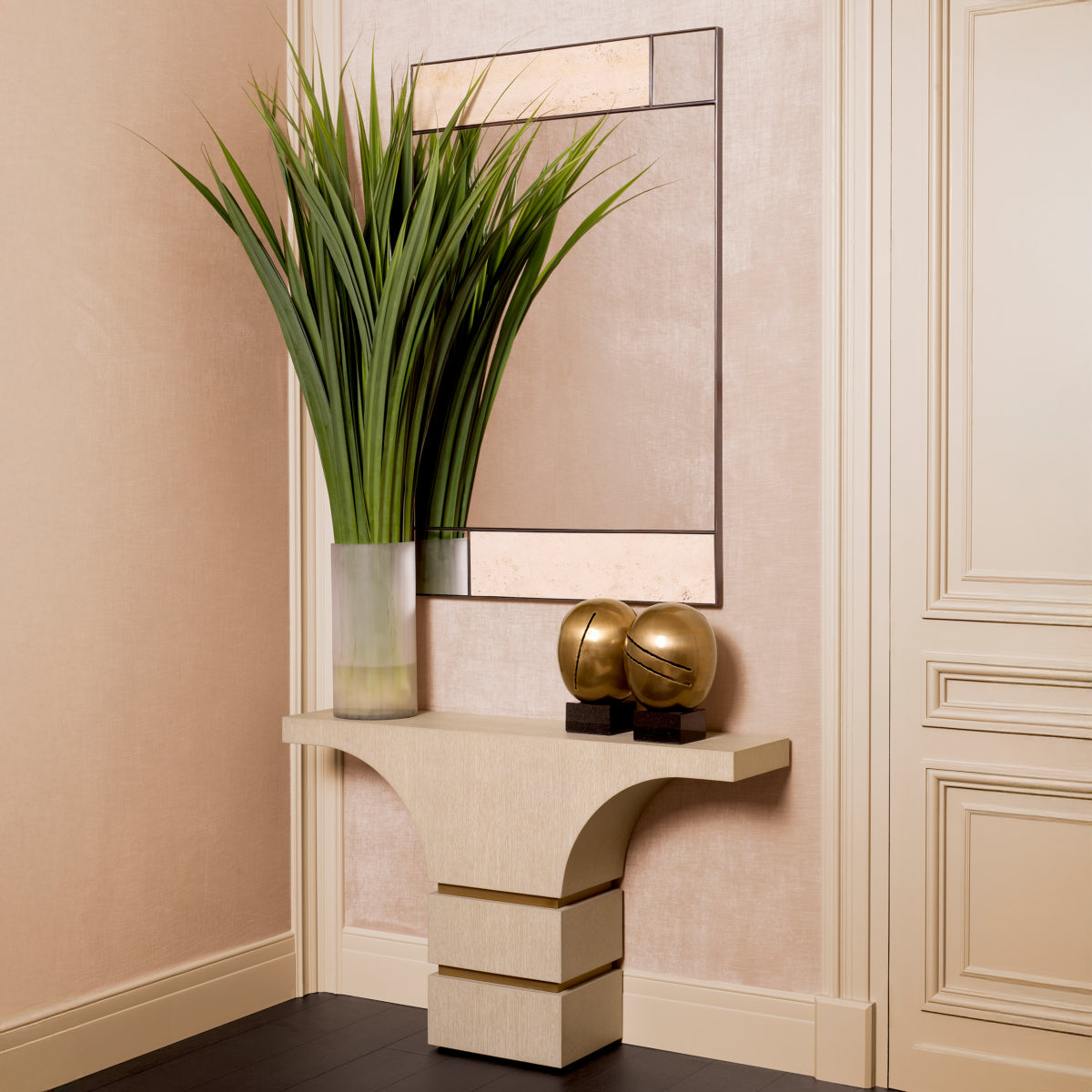 Console Table Thaddeus washed oak veneer brushed brass finish