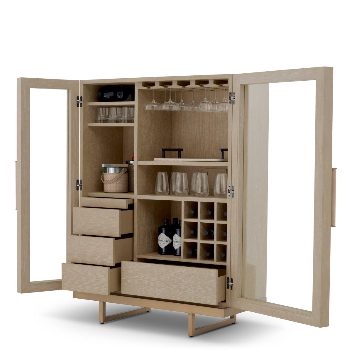 Bar Cabinet Connaught washed oak veneer brushed brass finish