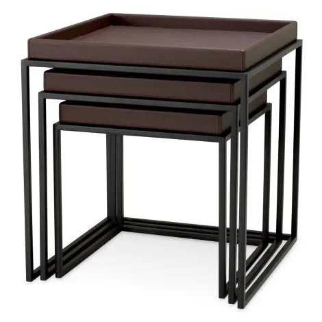 Side Table Léonard faux leather dark brown black finish set of 3