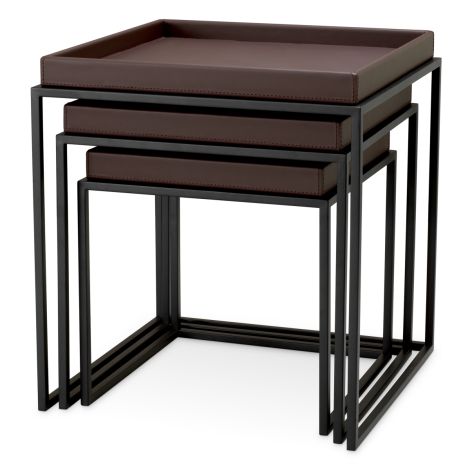 Side Table Léonard faux leather dark brown black finish set of 3