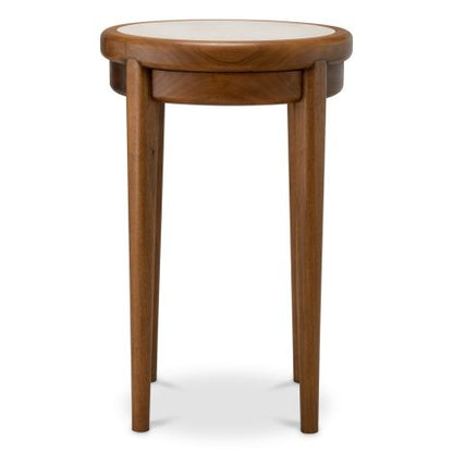 Side table Hensley round mahogany wood caramel finish beige marble