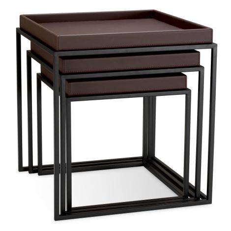 Side Table Léonard faux leather dark brown black finish set of 3