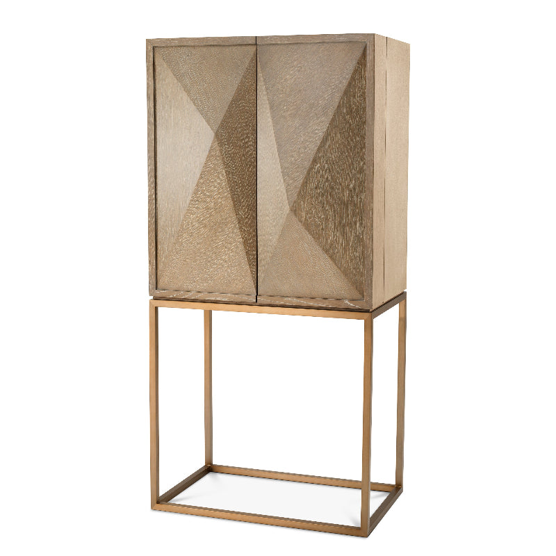 A wine cabinet with a geometric pattern on the front, featuring a glass door and metal legs.