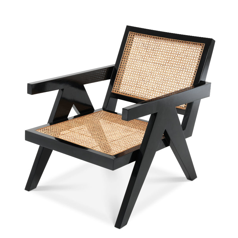 A black and brown Chair Adagio with a Mid-Century Modern design, featuring a cane seat and backrest.