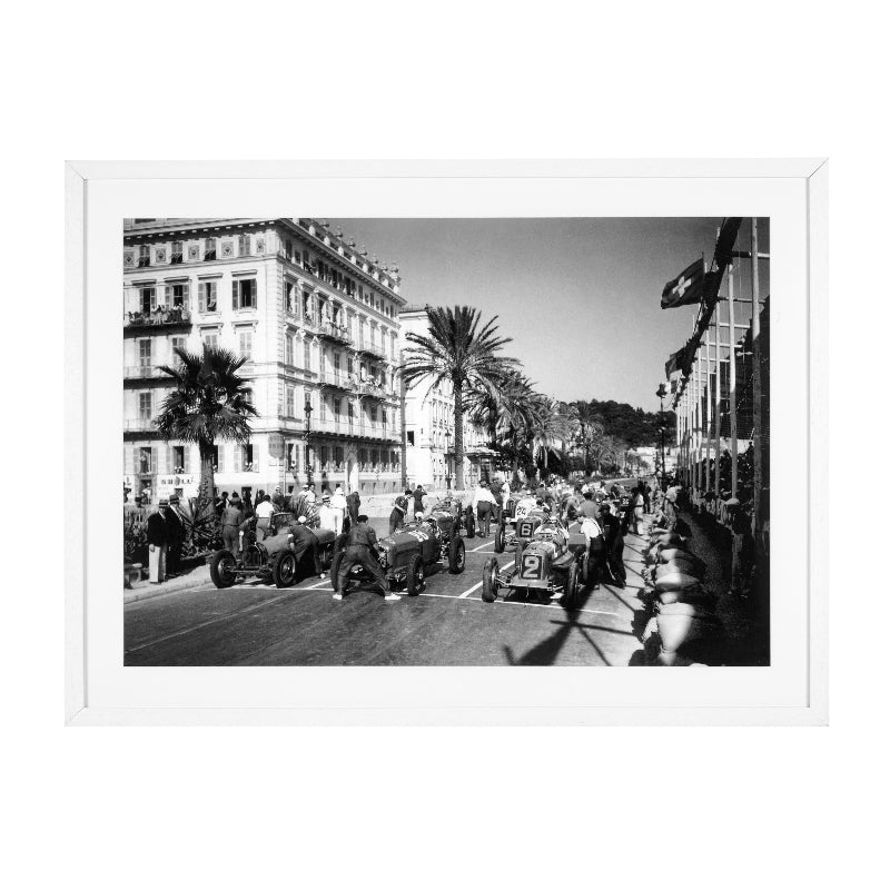 Framed black and white photograph of the start of the Grand Prix automobile de Nice in 1934